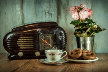 retro radio, tea flowers and chocolate biscuits